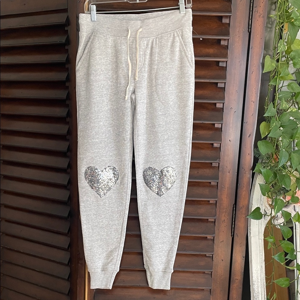 Gray Sequin Heart Joggers with Silver Heart Accents Medium TROO